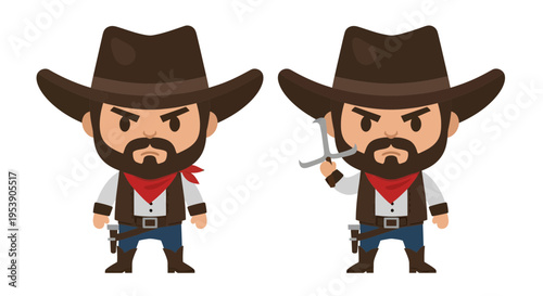 Cowboy illustration, vector style graphic, with gun, cartoon character, wild west concept