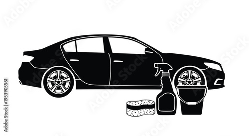 A black silhouette depicts a car with cleaning supplies including a spray bottle and sponge