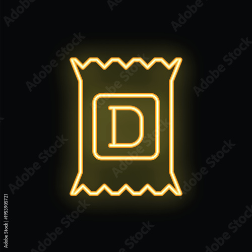 Bright yellow neon sign depicting vitamin d packaging, perfect for health and wellness projects