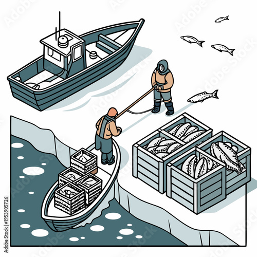 Two men in fishing boats collecting fish in crates on ice floes in the ocean with a school of fish swimming nearby
