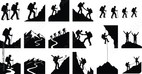 A comprehensive collection of black silhouettes depicting people hiking and climbing in mountains Vector, illustration