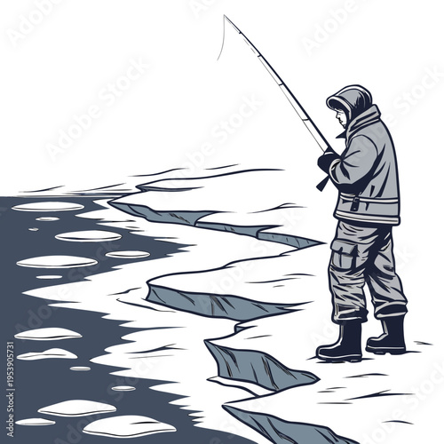 Man ice fishing on frozen lake or river in winter clothing and gear