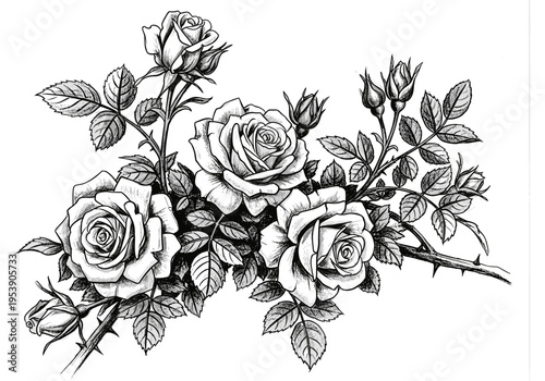 Elegant black and white illustration of blooming roses with thorny stems and leaves