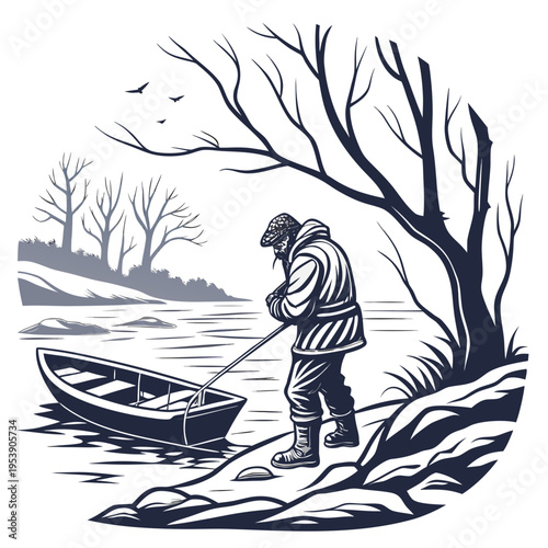 Man in a winter landscape pulling a small boat on a lake or river with bare trees and birds flying overhead in the distance