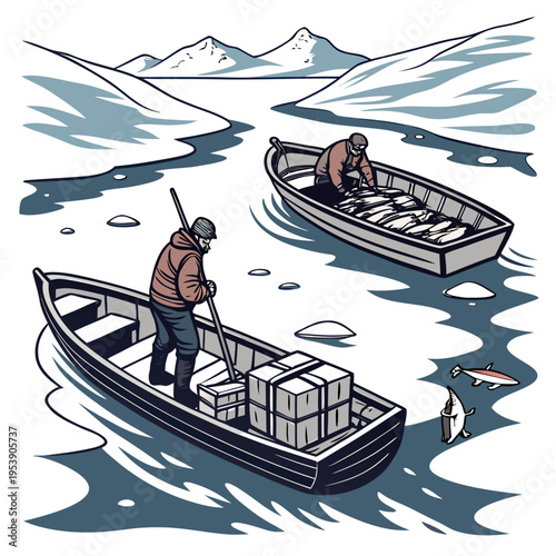 Two men in boats navigating icy waters with cargo and fish in a serene arctic landscape with snow capped mountains