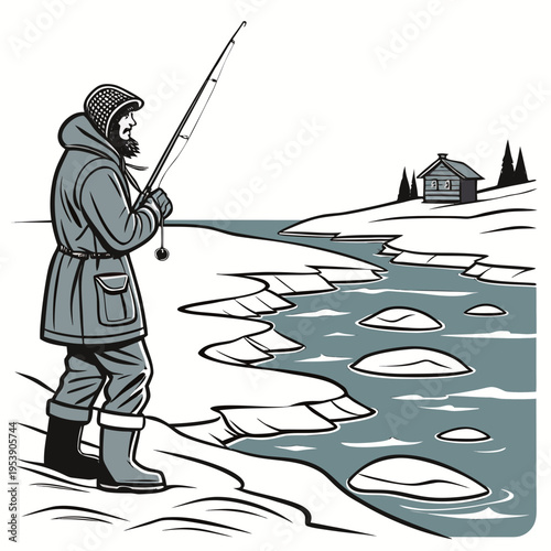Man in winter clothing ice fishing on a frozen river near a small house