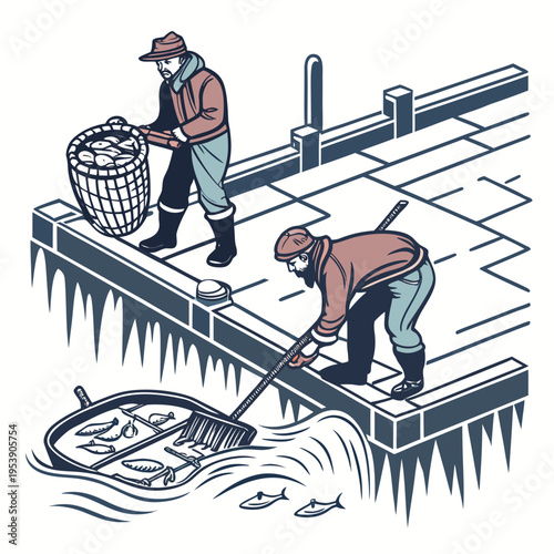 Two men working on a dock with fishing nets and baskets on a sunny day outdoors