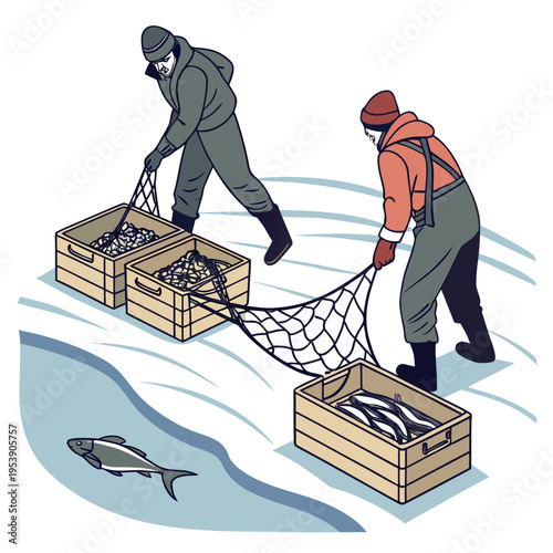 Two men in winter clothing pulling fishing nets and wooden crates filled with fish on ice