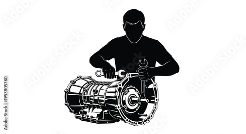 A silhouetted mechanic is shown working on a complex transmission system using tools high quality