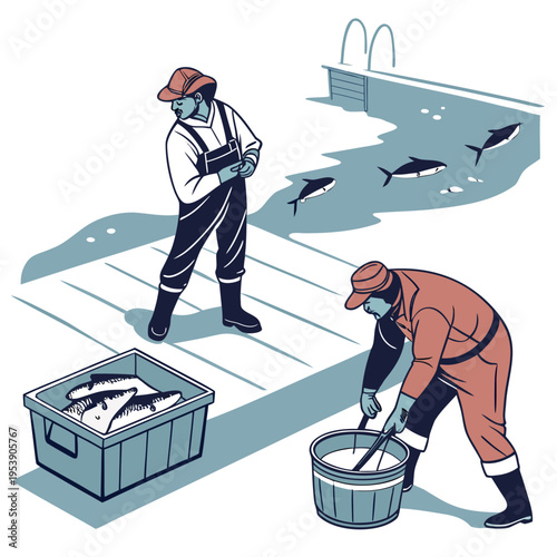 Two fishermen standing on a dock with a crate and bucket of fish