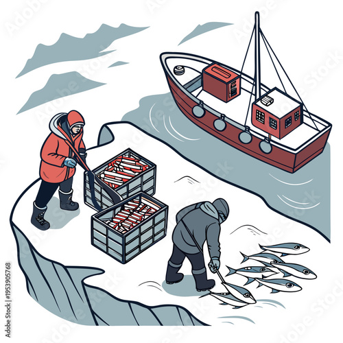 Two men in winter gear unloading crates of fish onto icy shore beside red boat