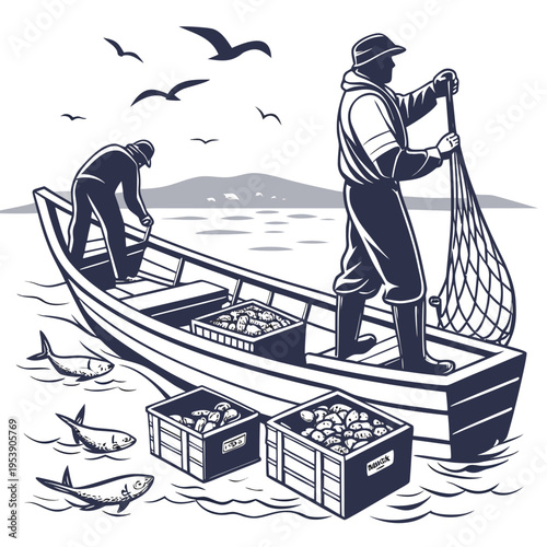 Two men in a boat catching fish with nets and storing in crates on a sunny day with seagulls flying overhead