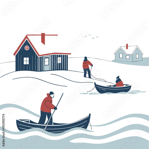 Illustration of people in boats on snowy landscape with houses in winter scene