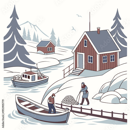 Winter scene with people loading fish into a boat near a house and dock in a snowy landscape with trees and mountains