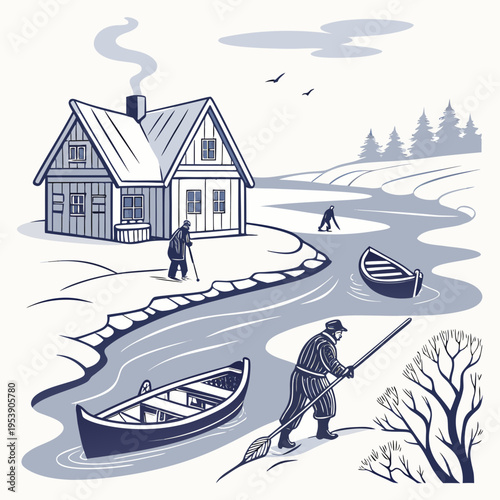 A serene winter scene with a house by a river and people engaging in outdoor activities on a snowy day with boats and trees