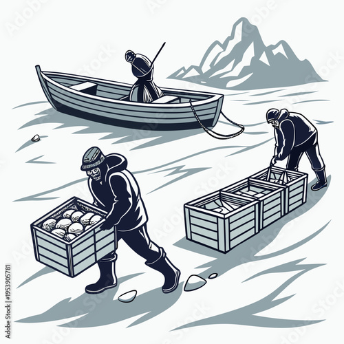 Illustration of fishermen unloading crates of fish on icy waters with a boat and mountain in the background
