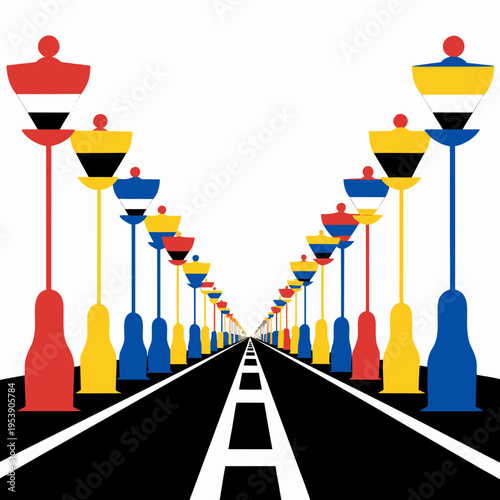 Vibrant Street Avenue Icon — Symmetric Road with Multi-Colored Lantern Poles for Celebration, Diversity & Urban Joy
