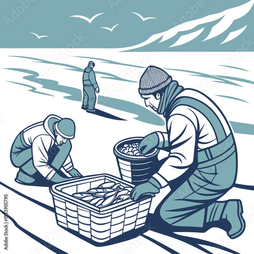 Two men collecting fish on a snowy beach with a mountain and seagulls in the background