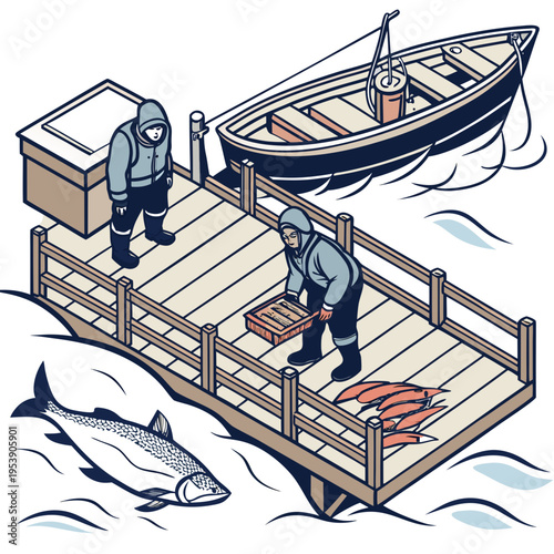 Two fishermen standing on a dock with a boat and fish in the water