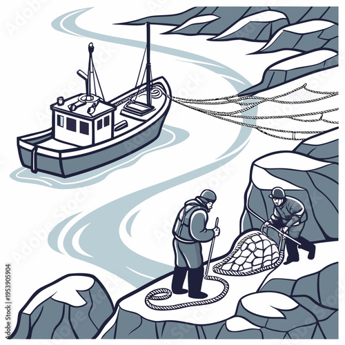 Fishermen pulling in their nets from a boat on a snowy rocky coastline with waves