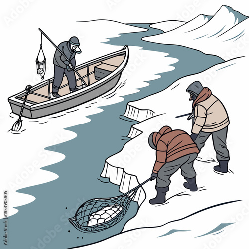 Men fishing through ice in a snowy landscape with a boat on a frozen river