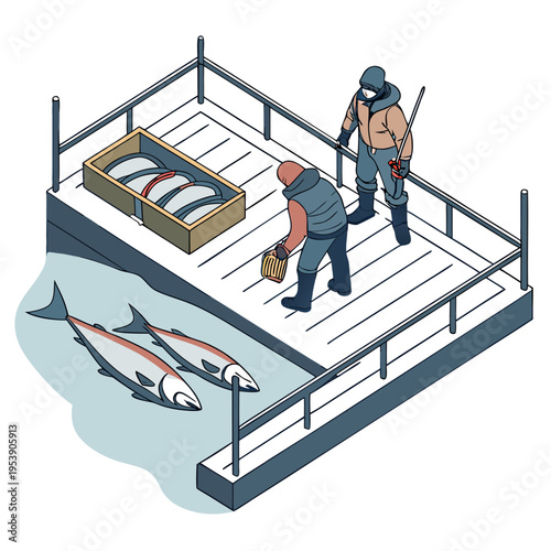 Two men on a dock with a crate of fish and salmon in the water