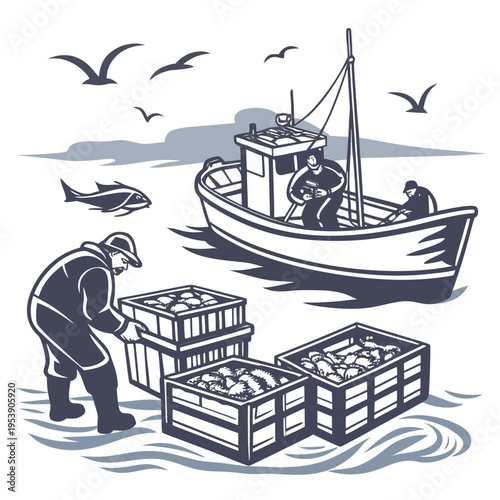 Fisherman unloading crates of fresh seafood on the shore with a boat and seagulls flying overhead in the background