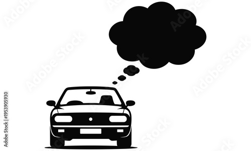 Vector graphic illustration of a car with a thought bubble above it representing automotive design and creative thinking in transportation.