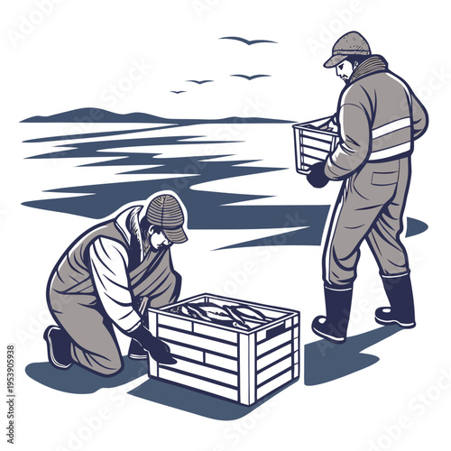 Two fishermen preparing crates on a beach with sea and birds in the background