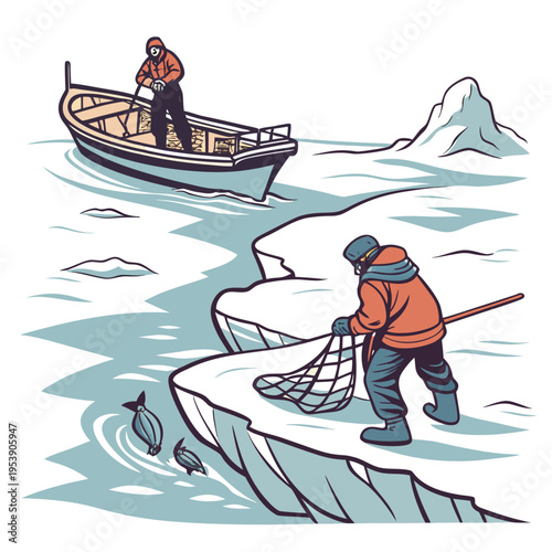 Two men in orange jackets fishing on ice floes in icy waters with a boat nearby in arctic conditions
