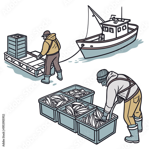 Two fishermen unloading crates of fish from a boat onto a dock