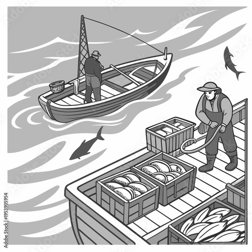 Fishermen on a boat and dock with crates of fresh seafood catch in the ocean water