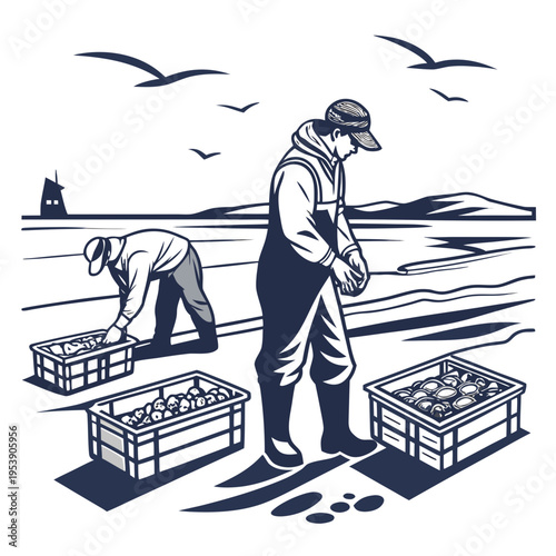 Two men collecting seafood on a beach with crates and seagulls flying overhead in a scenic coastal landscape