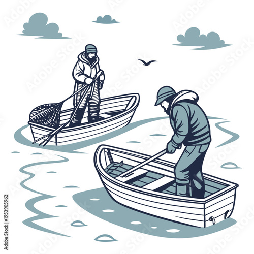 Two men in boats on water with nets and oars in a serene landscape with clouds and a bird