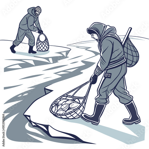 Two men ice fishing on frozen lake with nets and gear in winter clothing