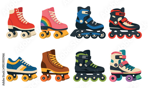 Diversity of roller skates and inline skates for active recreation and sport. Icon set for hobbies and physical exercise