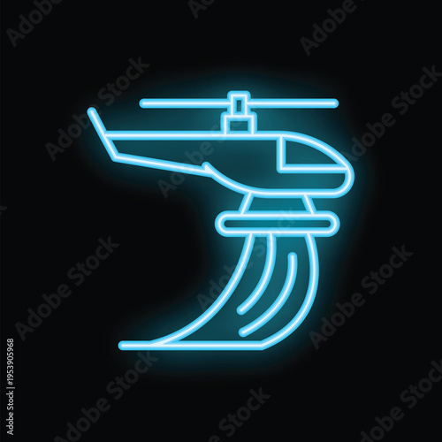 Bright blue neon sign depicting helicopter pouring water, symbolizing firefighting and aerial emergency response
