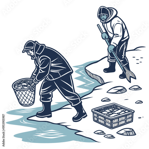 Two men fishing on the beach with nets and a crate of fish on a sunny day