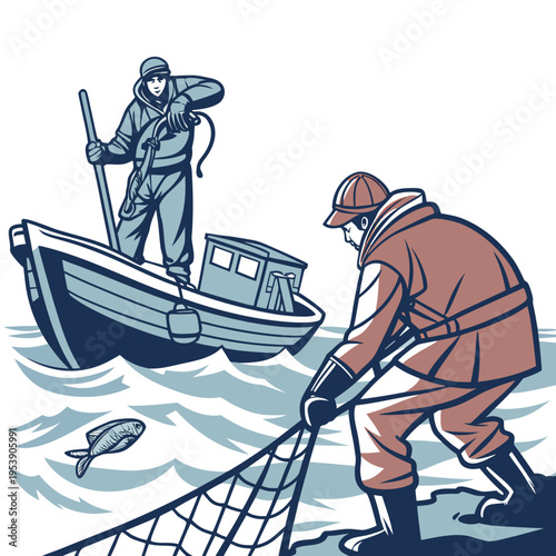 Two fishermen in a boat pulling a net with a caught fish in the water on a sunny day