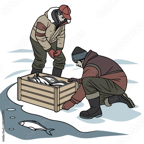 Two men in winter clothing putting fish into a wooden crate on ice with a river and fish in the background