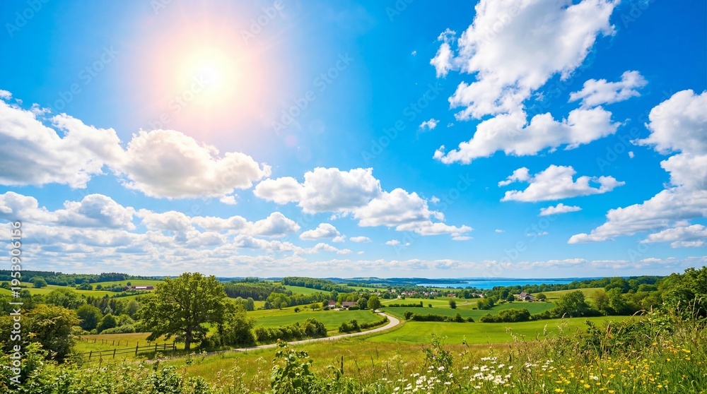 Obraz premium Summer landscape with green hills and bright sun