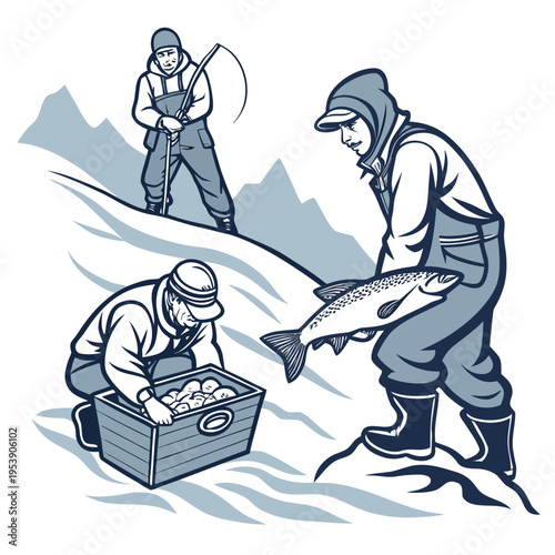 Illustration of three men fishing and holding a fish on a riverbank with mountains