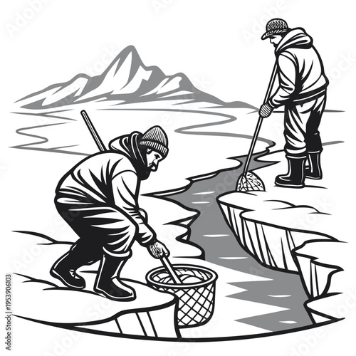 Two men ice fishing on a frozen lake with mountains in the background in a black and white illustration