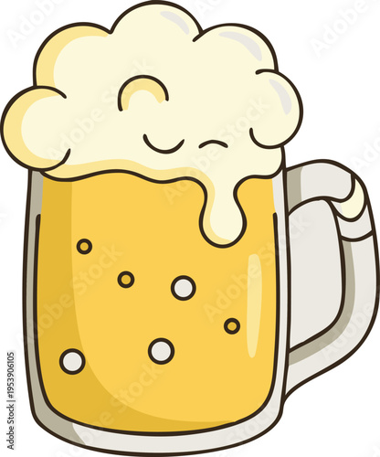 Cartoon illustration of a frothy beer in a glass mug