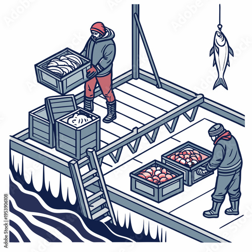 Two men on a dock loading and unloading crates of fresh seafood including fish and oysters on a cold day