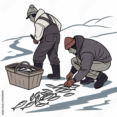 Two men ice fishing on a frozen lake or river in winter with a basket of fish