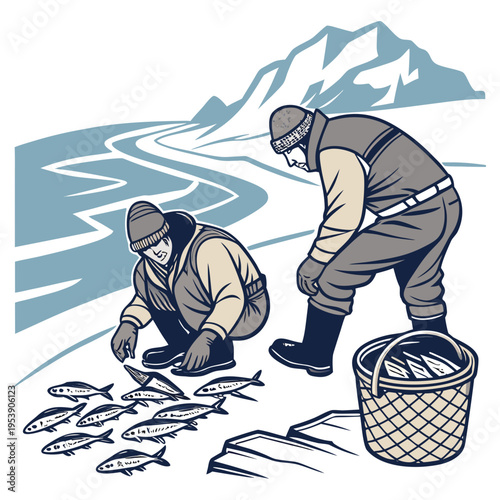 Two men ice fishing on a frozen lake with a mountain range in the background collecting fish