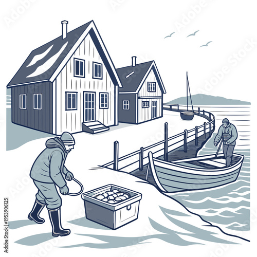 Two men in winter clothing unloading a boat with a crate of fish on a snowy dock near a house