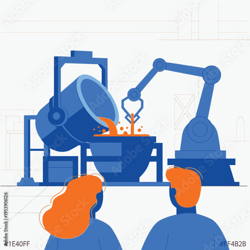 Automated Industrial Foundry with Robotic Arm and Molten Metal.
