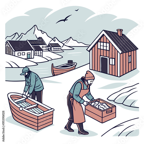 Two people preparing a boat and a crate of fish in a snowy coastal village with mountains